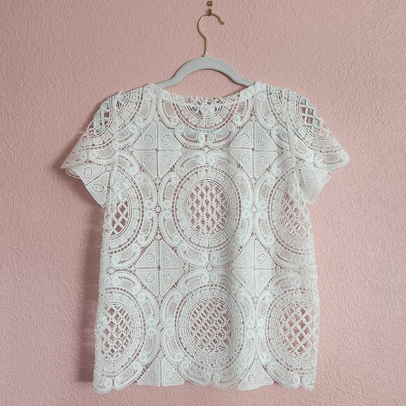 ModCloth Blue Tassel White Lace Short Sleeve Top Size S Like New - Picture 2 of 11